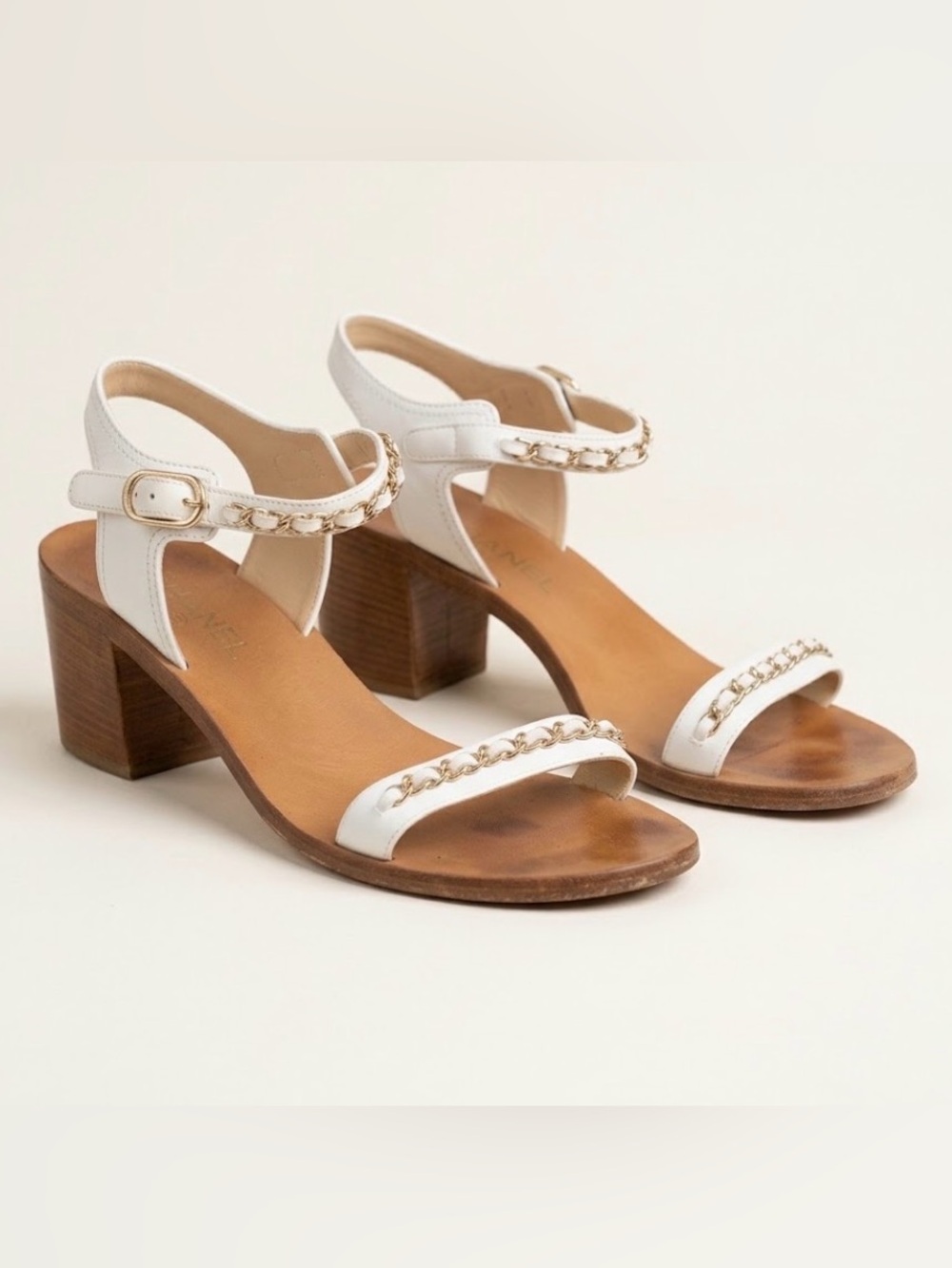 Vintage CHANEL White Leather Woven Chain Ankle Strap Block Heel Sandals